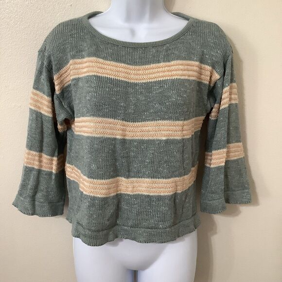 Vintage Prophecy Cottagecore Grandpacore Linen Blend Sage Striped Knit Sweater M - Picture 1 of 11